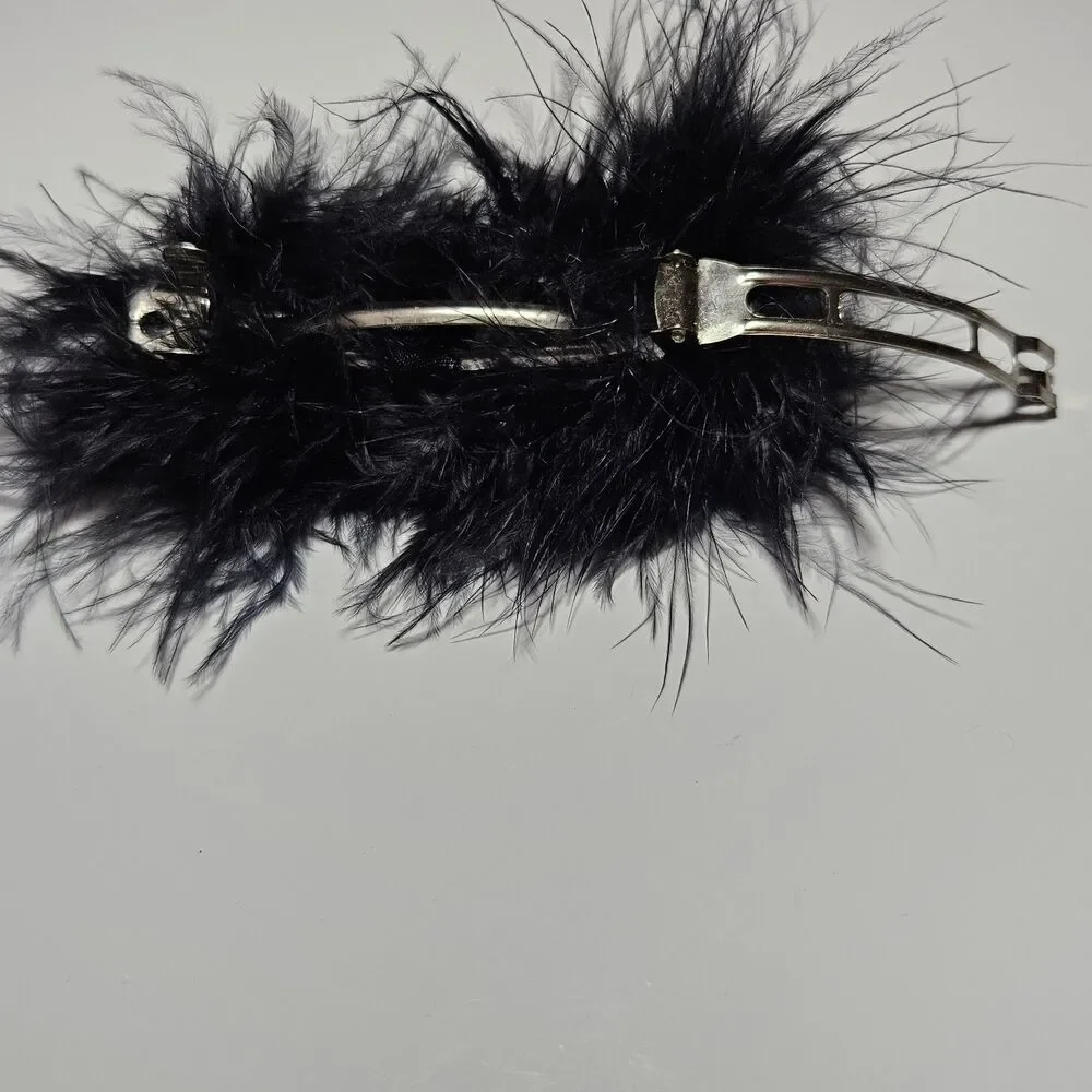 Black Feathery Orange Halloween Pumpkin Barrette Silver Tone